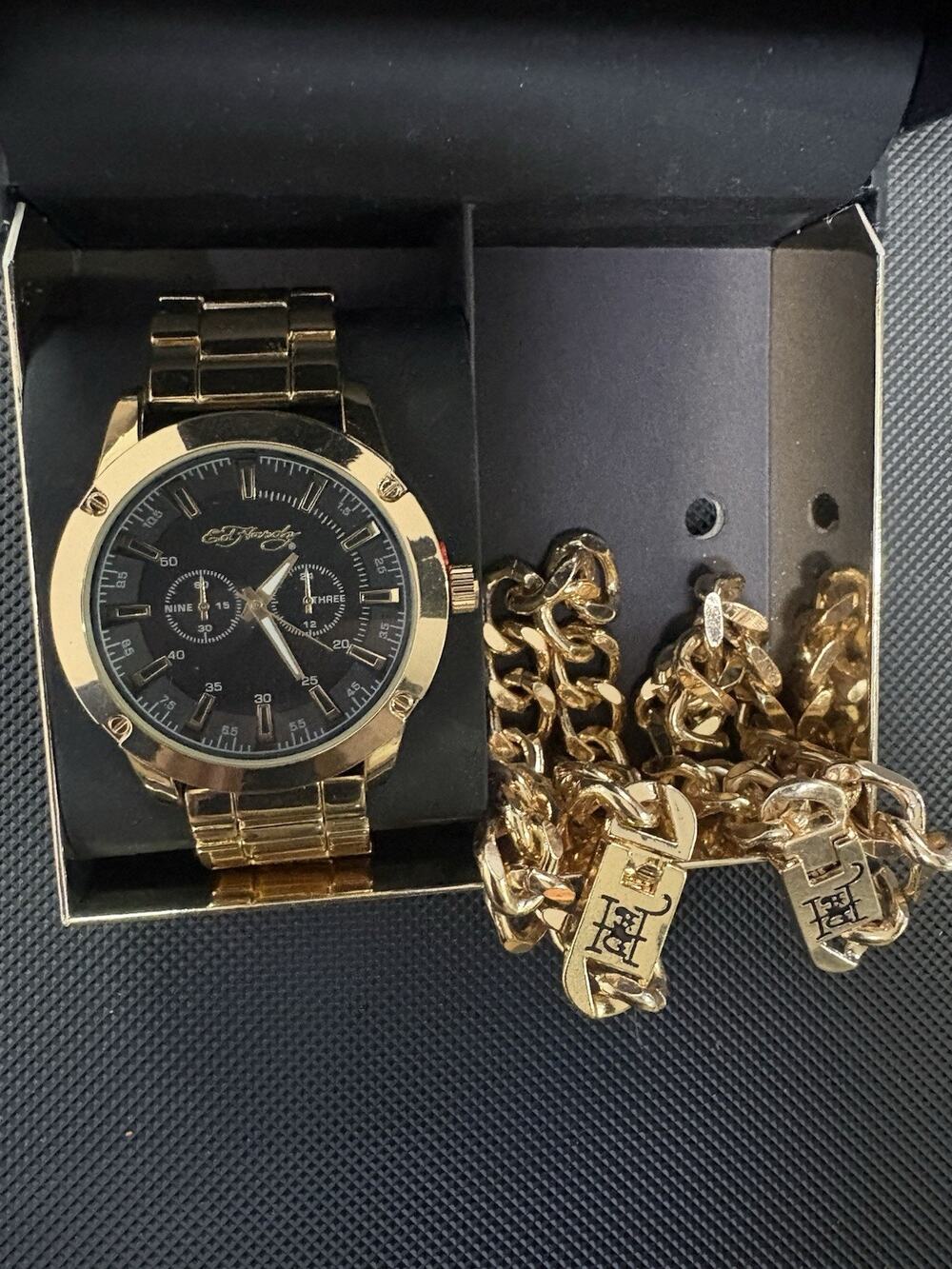 Ed Hardy Men's Chronograph Quartz Watch Black Dial Gold Tone + 2 Bracelets + Box